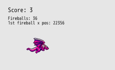 debug mode text showing the dragon sprite with a score of 3, 36 fireballs, and an x position of the first fireball at 22,356