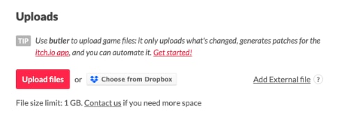 itch.io upload screenshot with button to upload files