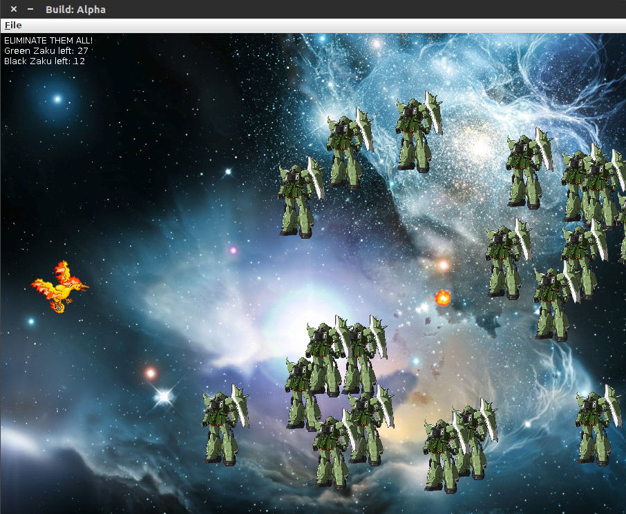 screenshot of Zaku Space Battle showing the Moltres sprite, Zaku sprites, fire ball, and space background